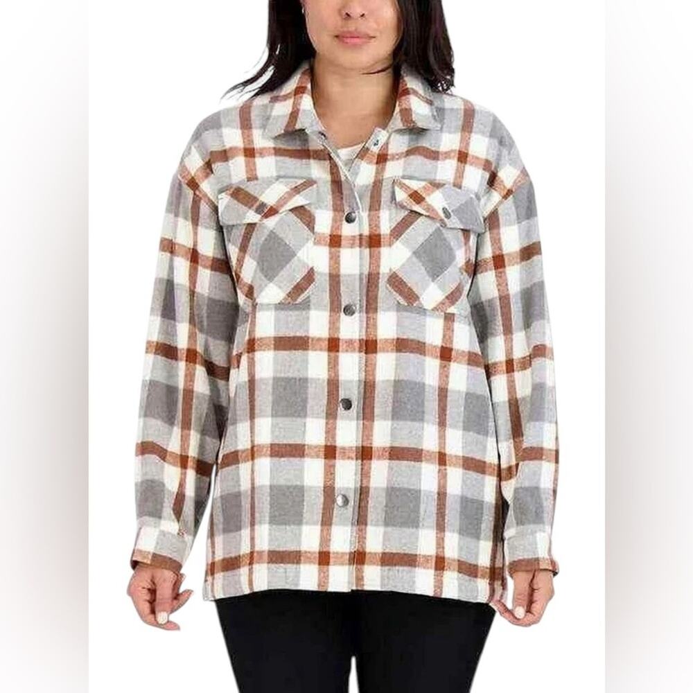 HFX Gray & Brown Plaid Shacket Relaxed Fit Front Snap Closure Women's Size Med